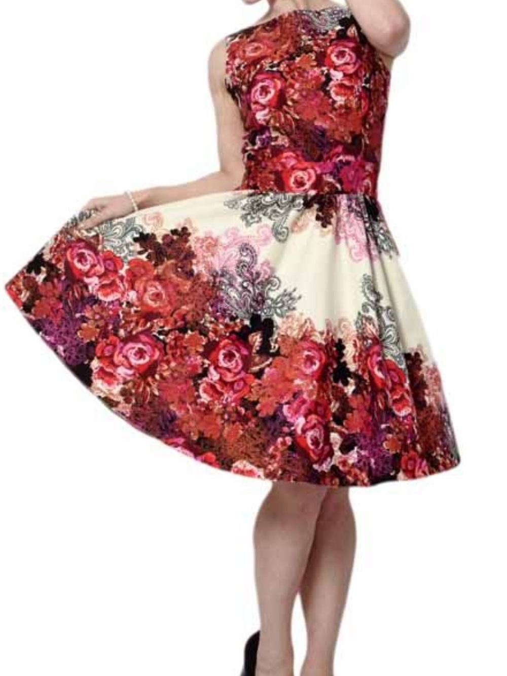 Strapless Floral Fit-and-Flare Dress in Red and Cream